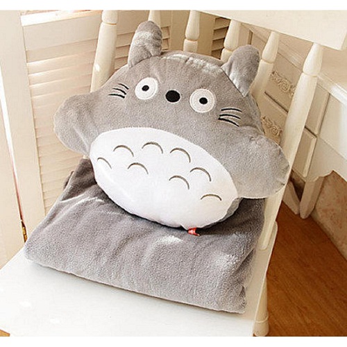 Thú Bông, Combo Mền Gối Ngủ Văn Phòng Tiện Lợi Totoro Tròn Màu Xám Siêu Mịn 1.1x1.7m