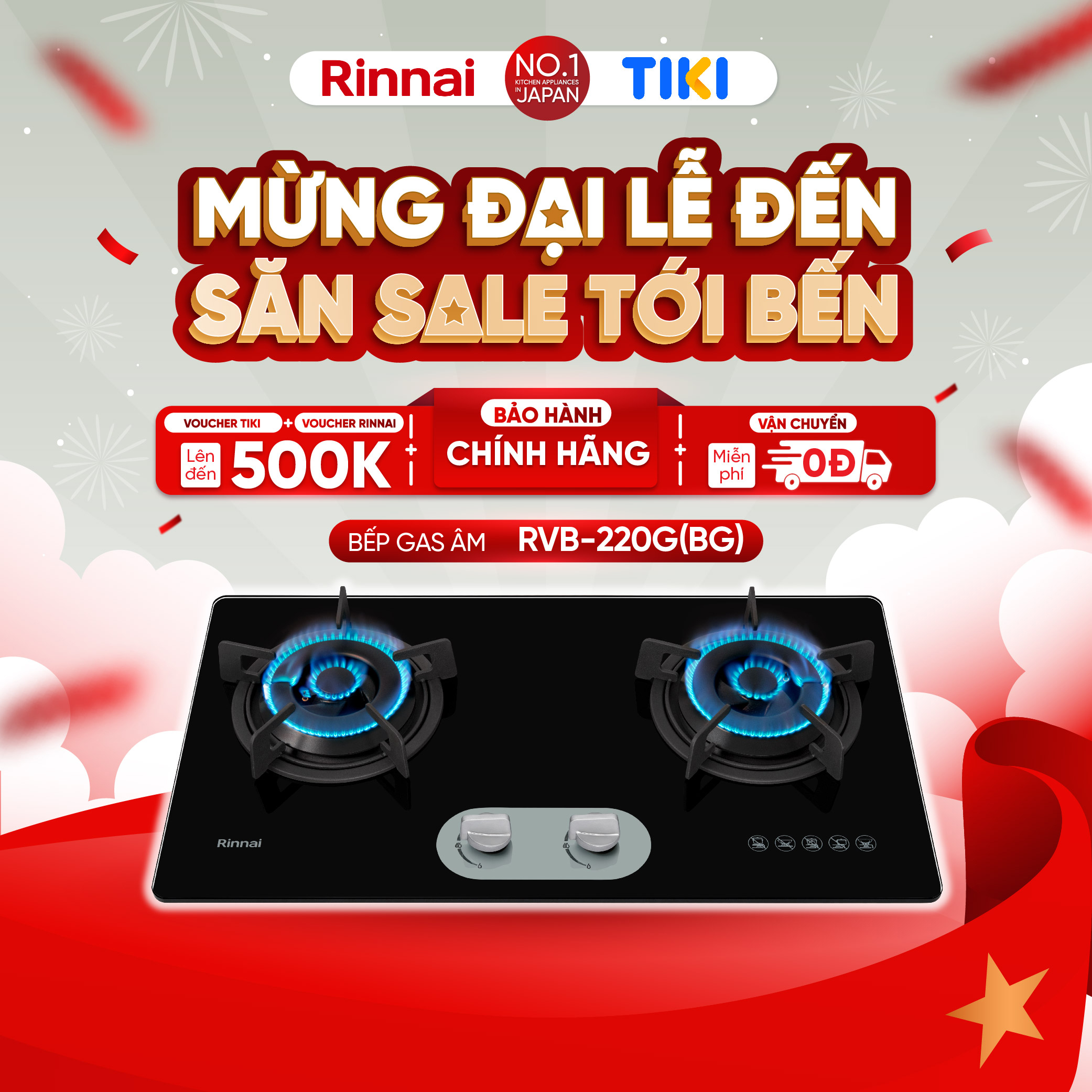 Bếp gas âm Rinnai RVB-220G(BG) mặt bếp kính và kiềng bếp gang - Hàng chính hãng.