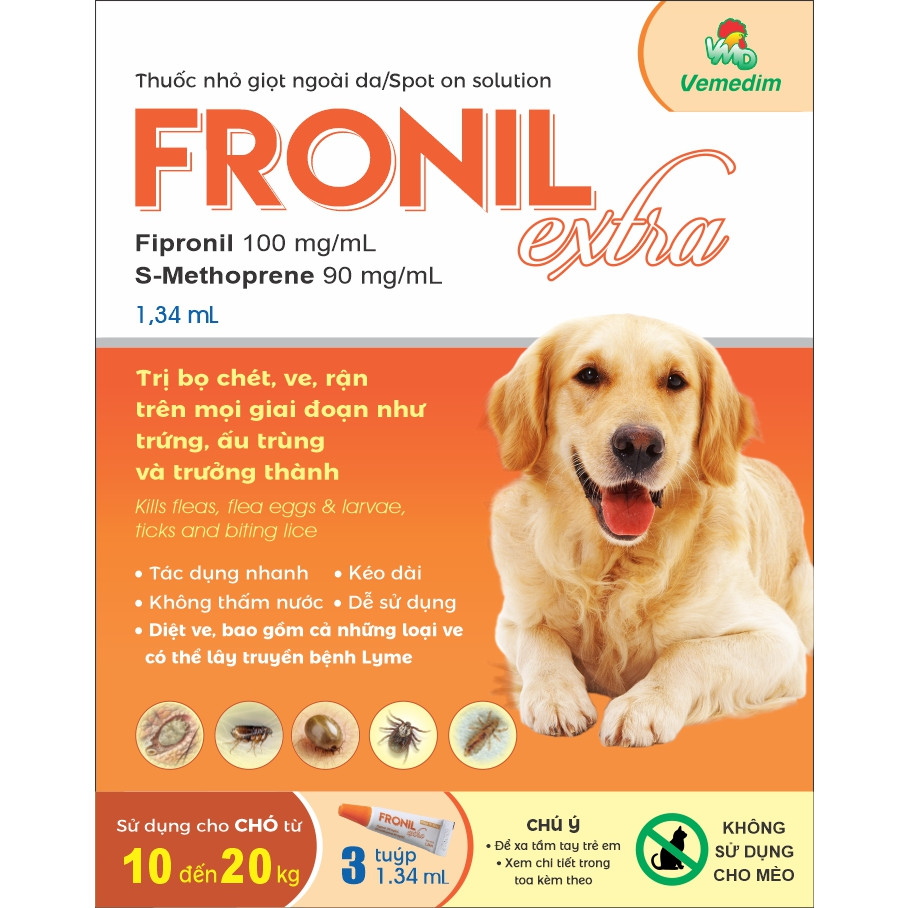 Thuốc nhỏ giọt trị ve, rận, bọ chét cho chó từ 10kg-20kg Fronil Extra cam (Hộp), sản phẩm Vemedim