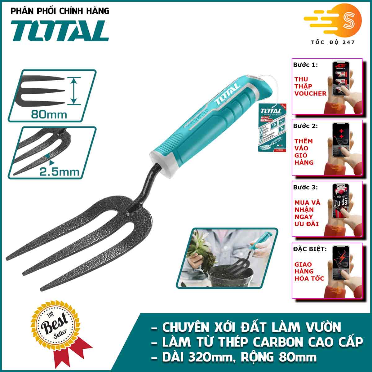 Cây xới đất làm vườn 320mm TOTAL THFTF38 - làm từ thép carbon, chăm sóc cây, trồng cây, trồng hoa - Tốc độ 247