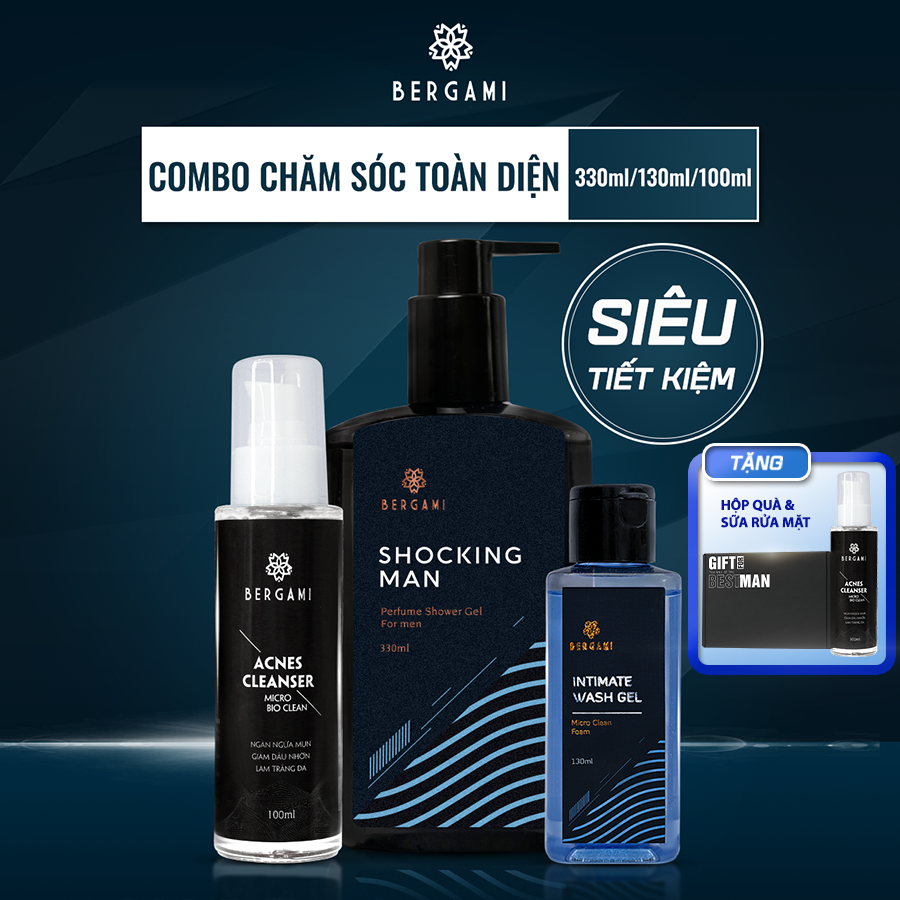 Combo Quà Tặng Nam Giới Bergami, Sữa Tắm Nước Hoa Nam 330ml &amp; Bọt Vệ Sinh Nam 100ml &amp; Sữa Rửa Mặt Nam 100ml