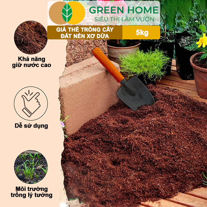 Đất Nén Xơ Dừa GreenHome, Viên Nén 5kg, Đã Qua Xử Lý, Bổ Sung Vi Sinh, Nở Gấp 5 Lần, Trồng Rau Hoa