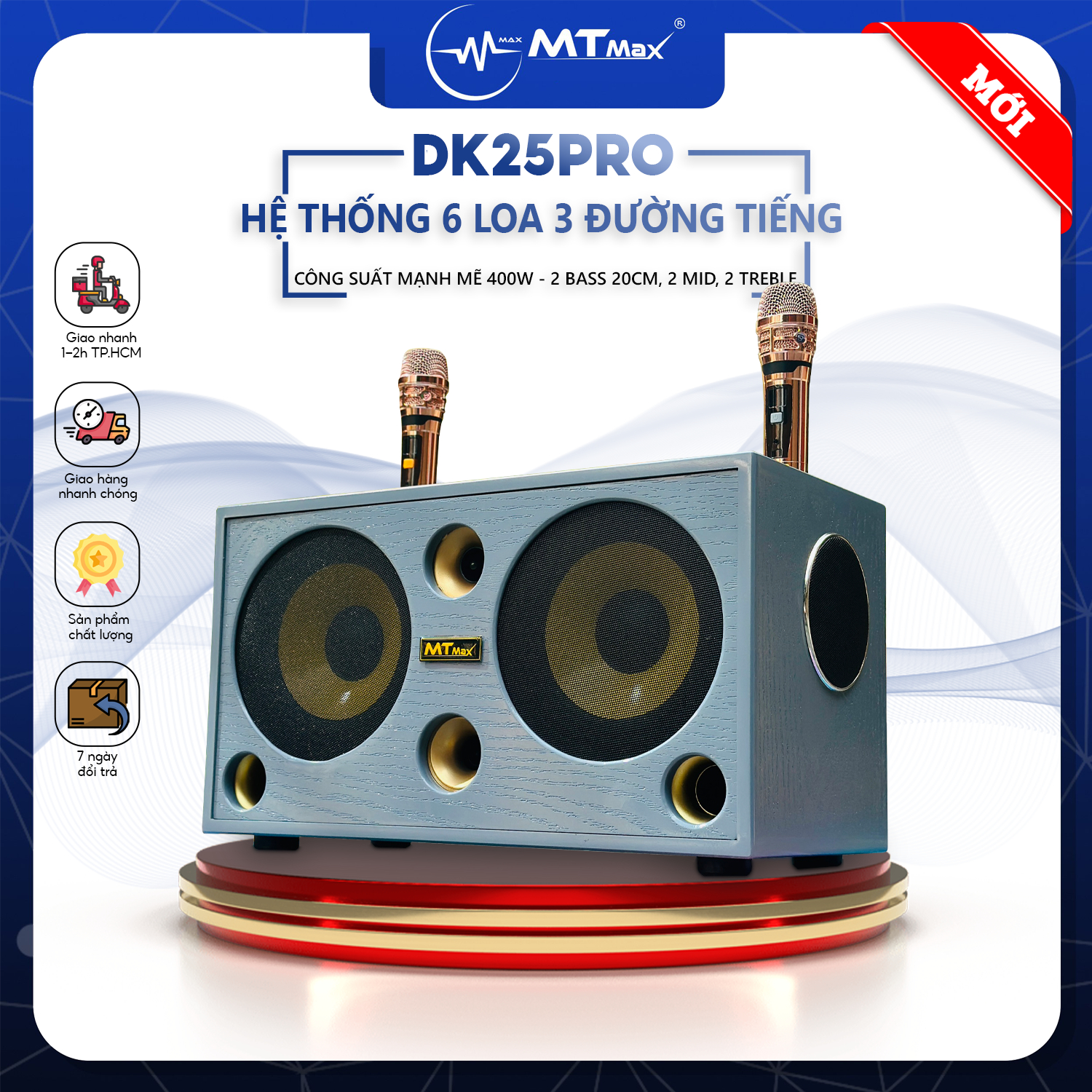 [ Tặng Kèm 2 Micro Không Dây ] Siêu Phẩm Loa Xách Tay MTMAX DK25 Pro Chính Hãng - Hệ Thống 6 Loa 3 Đường Tiếng Bass, Trung, Treble, Công Suất Khủng 400W, Âm Thanh Đa Hướng,  Bảo Hành 12 Tháng, Hàng Chính Hãng