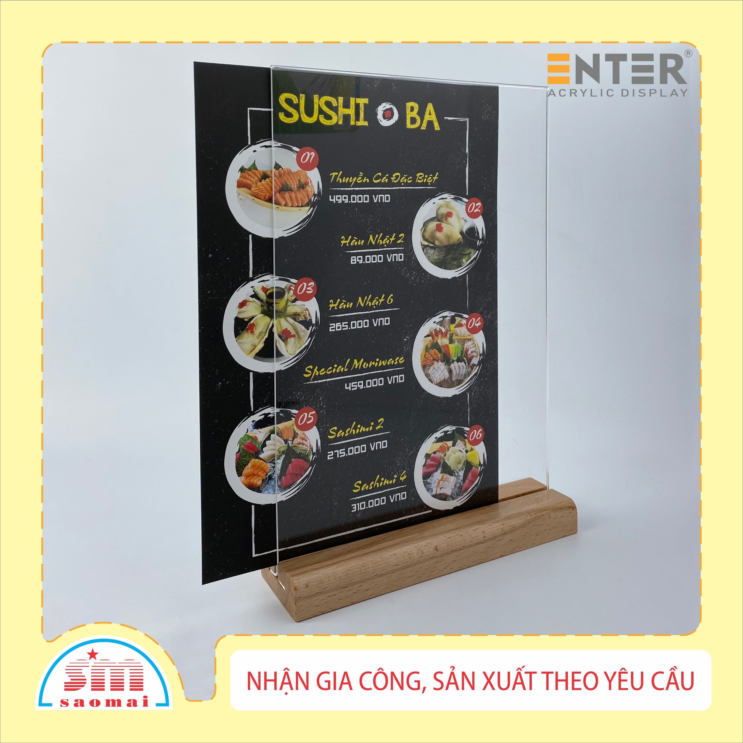 Kệ mica 2 mặt Enter E44 100x150mm đế gỗ A6 đứng