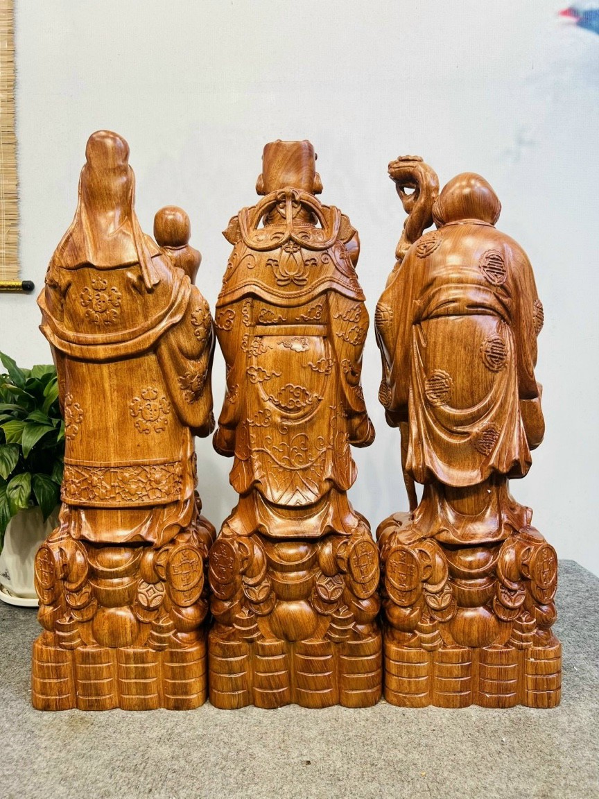 Bộ tượng phật tam đa phúc lộc thọ bằng gỗ hương đá liền khối kt cao 60cm