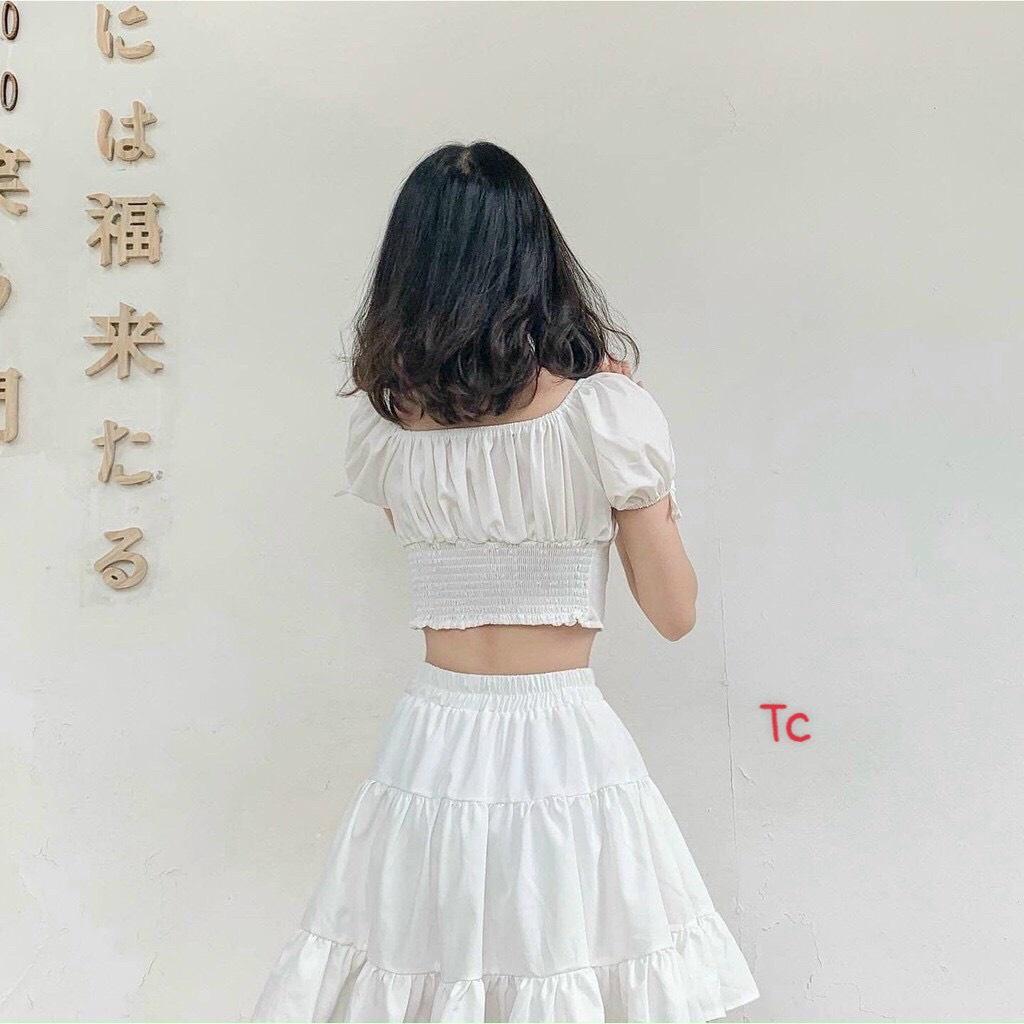 Bộ Áo Croptop Nữ Cổ Vuông Chân Váy Xòe Trắng siêu xinh