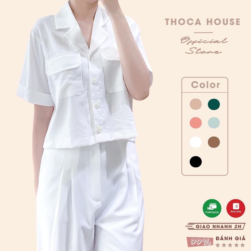 Áo sơ mi nữ croptop công sở cổ vest 2 túi nhiều màu THOCA HOUSE dễ phối đồ, mặc đi làm đi học cực xinh