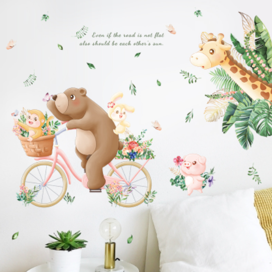 Decal trang trí tường - Chú gấu nâu đạp xe đạp và những người bạn
