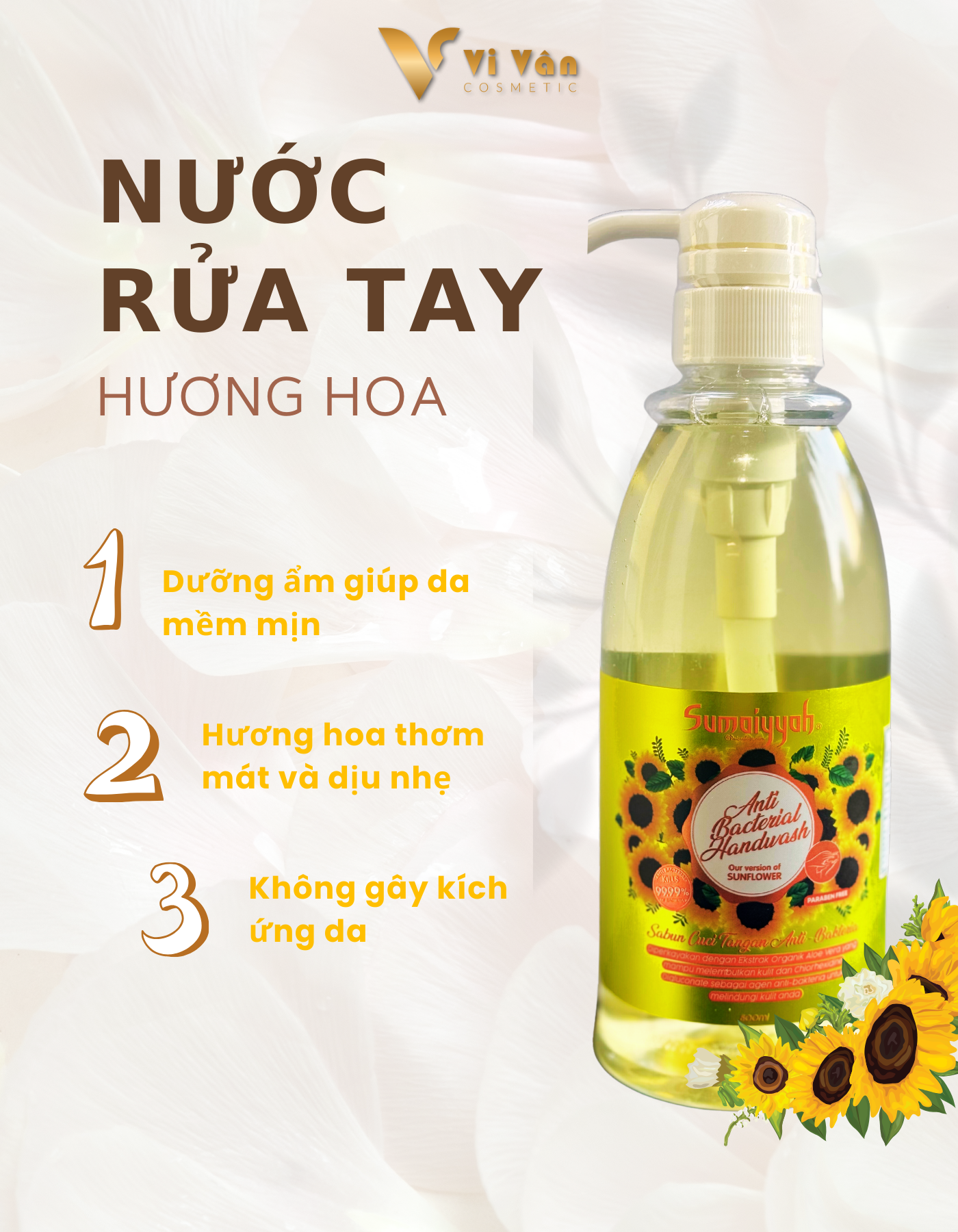 Nước rửa tay dạng gel diệt khuẩn hương hoa SUMAIYYA ANTI BACTERIAL HAND WASH dưỡng cấp ẩm da tay mềm mại Vi Vân