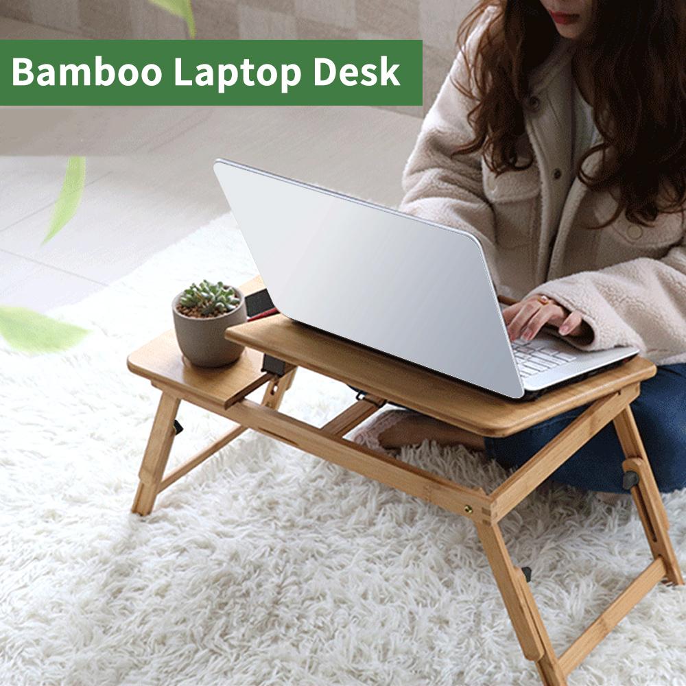 Foldable Bamboo Laptop Table 4-gear Adjustable Laptop Desk with Drawer Cup Slot for 13-15.6 inch Laptop