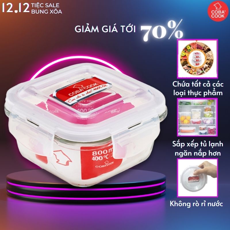 Hộp thủy tinh hộp đựng cơm trữ thức ăn chịu nhiệt COBA'COOK hộp vuông 800ml- CBHS800