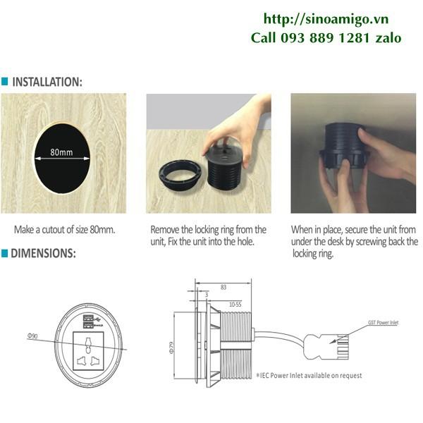 Ổ điện âm bàn Sinoamigo STS-R90W-2, hai màu đen/ trắng (gồm 1 ổ điện, 1 ổ USB-A, 1 ổ cắm USB-C). Hàng chính hãng