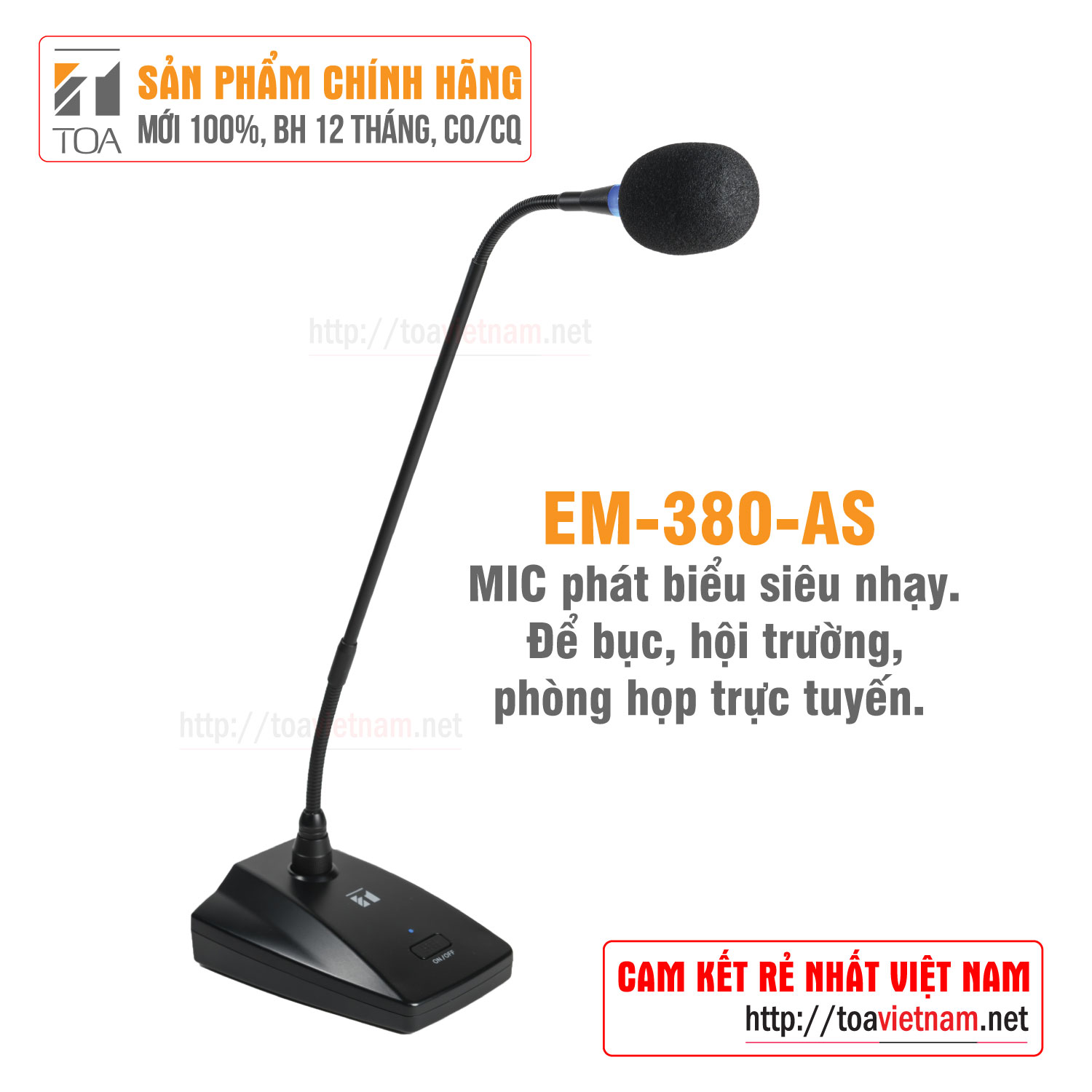 Micro cổ ngỗng độ nhạy cao TOA EM-380-AS cho hội trường, phát biểu – Hàng chính hãng