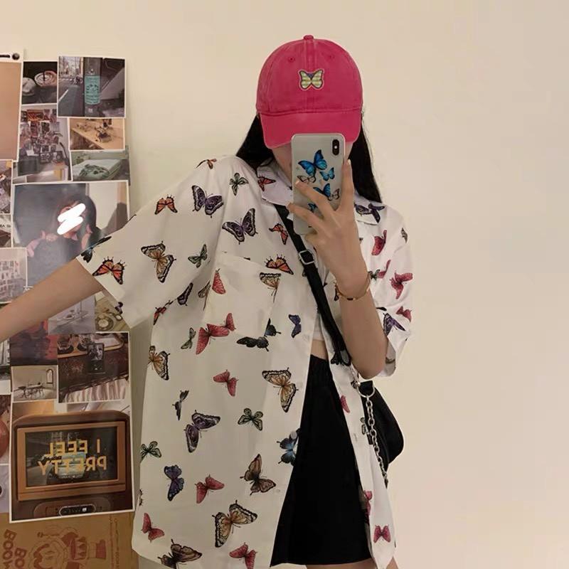 Áo Sơ Mi Tay Lỡ In Họa Tiết Bướm Vàng V2 Ulzzang Unisex