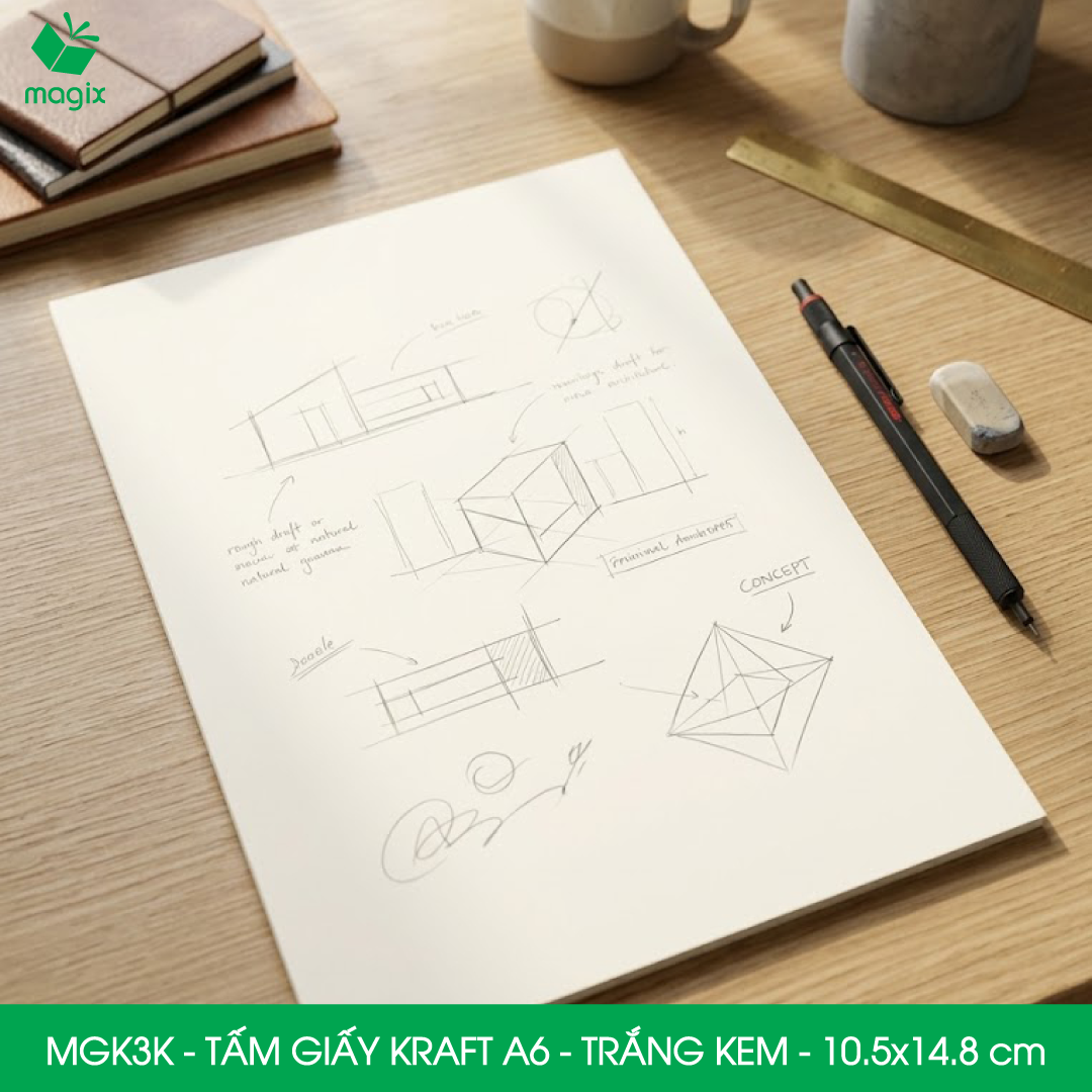 MGK3K - A6 - 100 gsm - 100 tờ giấy kraft trắng kem - Giấy mỹ thuật in ấn, làm ruột sổ, vẽ phác thảo