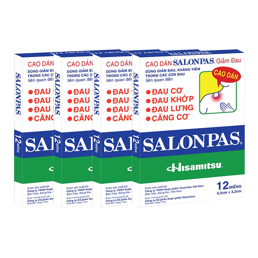 Combo 4 Hộp Cao Dán Salonpas Giảm Đau - Hộp 12 Miếng (6.5 x 4.2 cm)