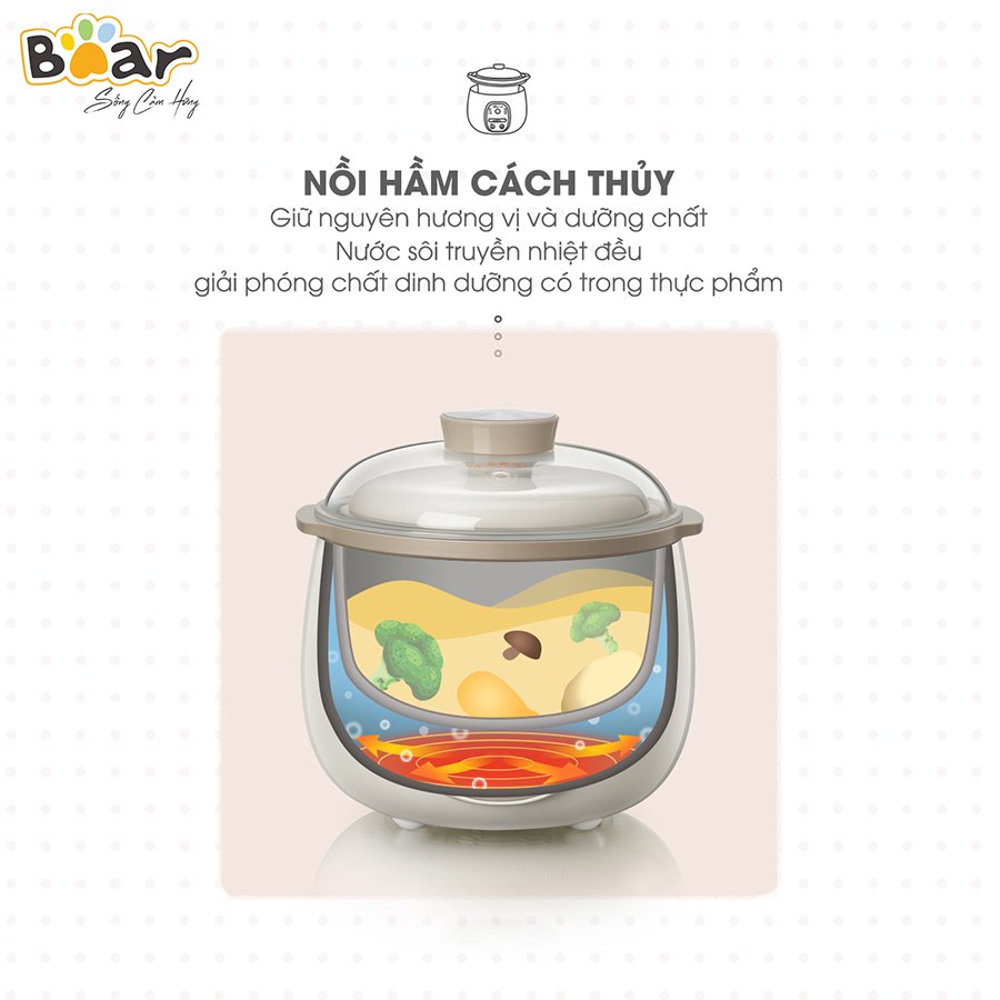 Nồi Nấu Chậm 0,8L Bear SUBE001 Đa Năng Nấu Cháo, Chưng Yến - Hàng Chính Hãng - Bảo hành 18 tháng