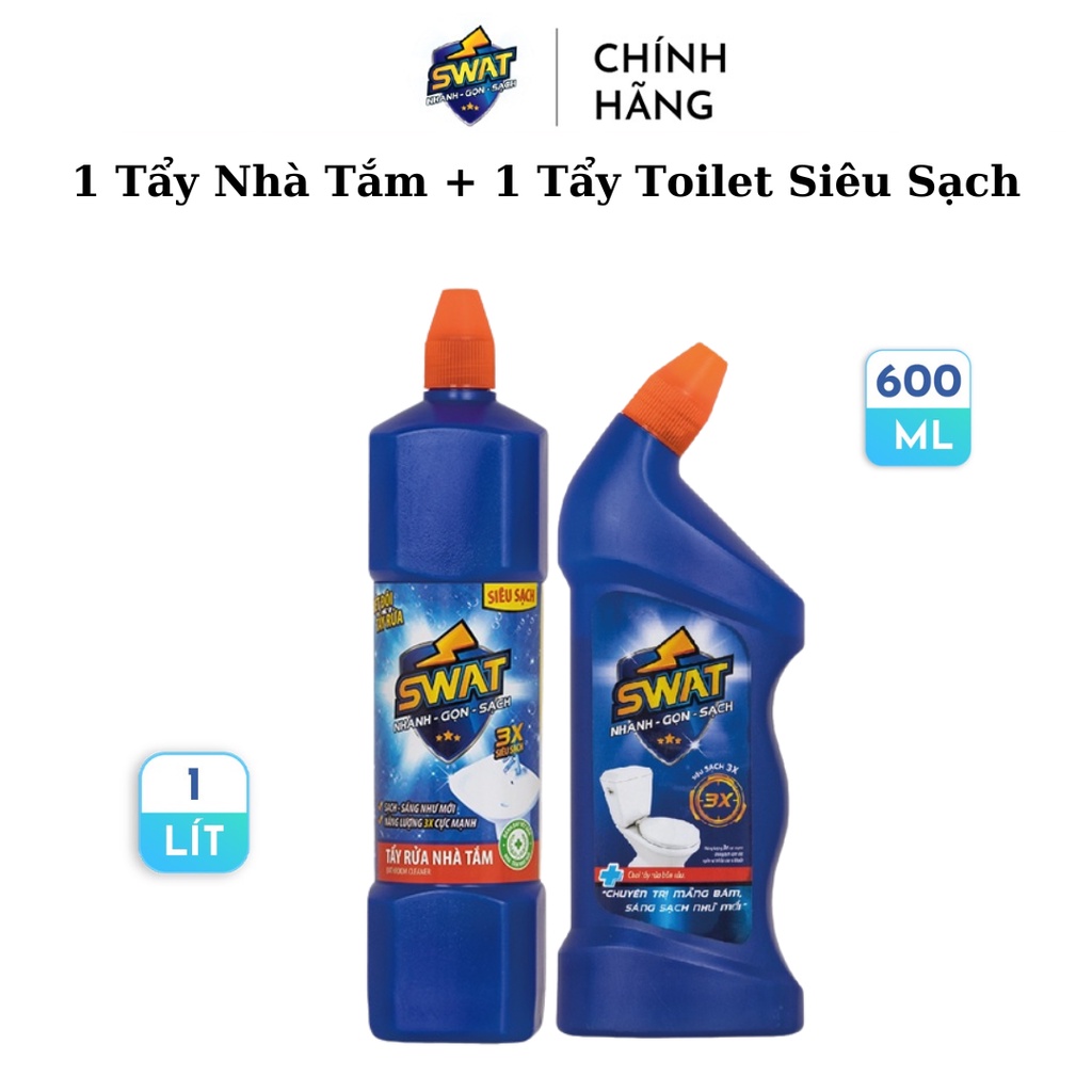 Combo 1 Chai Tẩy Nhà Tắm 1 Lít + 1 Chai Tẩy Toilet Siêu Sạch 600ml