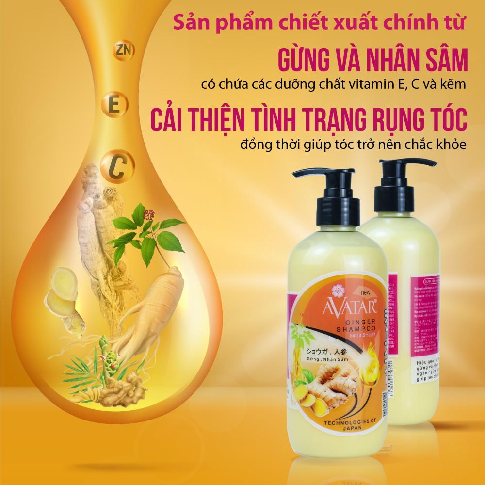 Dầu gội thảo mộc AVATAR Gừng &amp; Nhân Sâm 500ml Ngăn tóc gãy rụng Kích thích mọc tóc