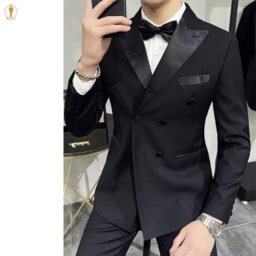 Bộ set vest nam Tuxedo TRAZ màu đen trắng form ôm body kiểu cổ sam (áo vest+quần)