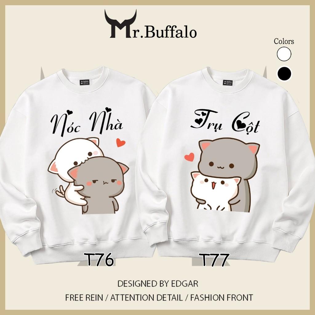 Áo Sweater cặp đôi Mèo mochii nóc nhà, cột nhà dễ thương Mr.Buffalo - T77 - Trắng