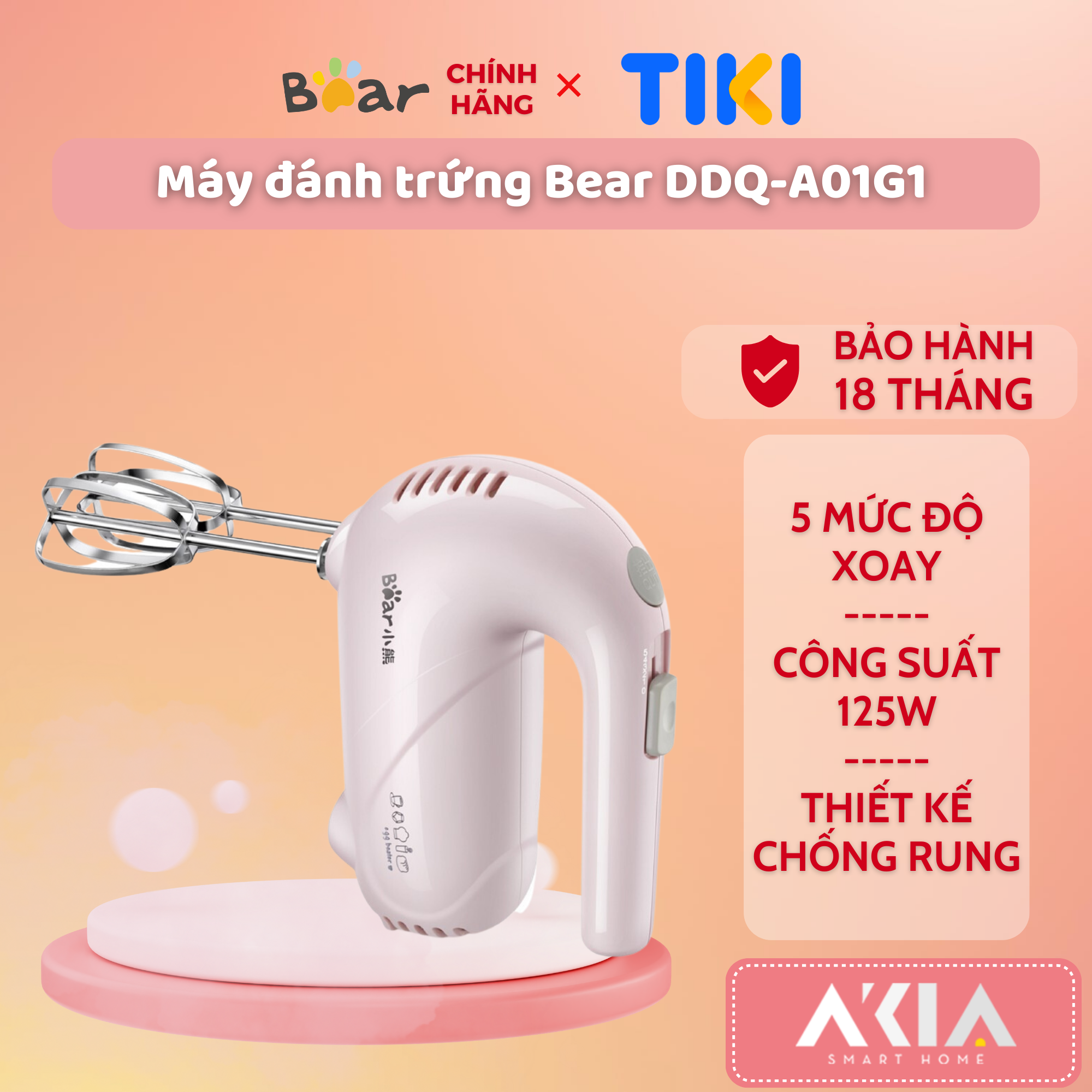 Máy đánh trứng cầm tay, máy trộn Bear DDQ-A01G1, 5 tốc độ điều chỉnh, công suất 125W - HÀNG CHÍNH HÃNG