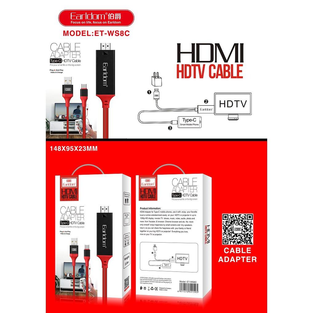 Dây Cáp HDMI Earldom WS8C Type C USB 2m Loại Dẹt tivi, chơi game, máy chiếu, chuẩn full HD Hàng Chính Hãng