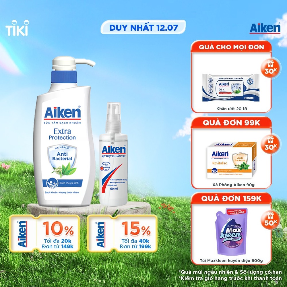 Aiken Sữa tắm Trà Xanh 350g + Xịt diệt khuẩn 60ml