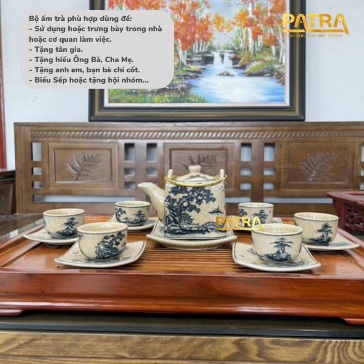 Bộ ấm chén uống trà cao cấp , bộ ấm trà Bát Tràng men rạn 005