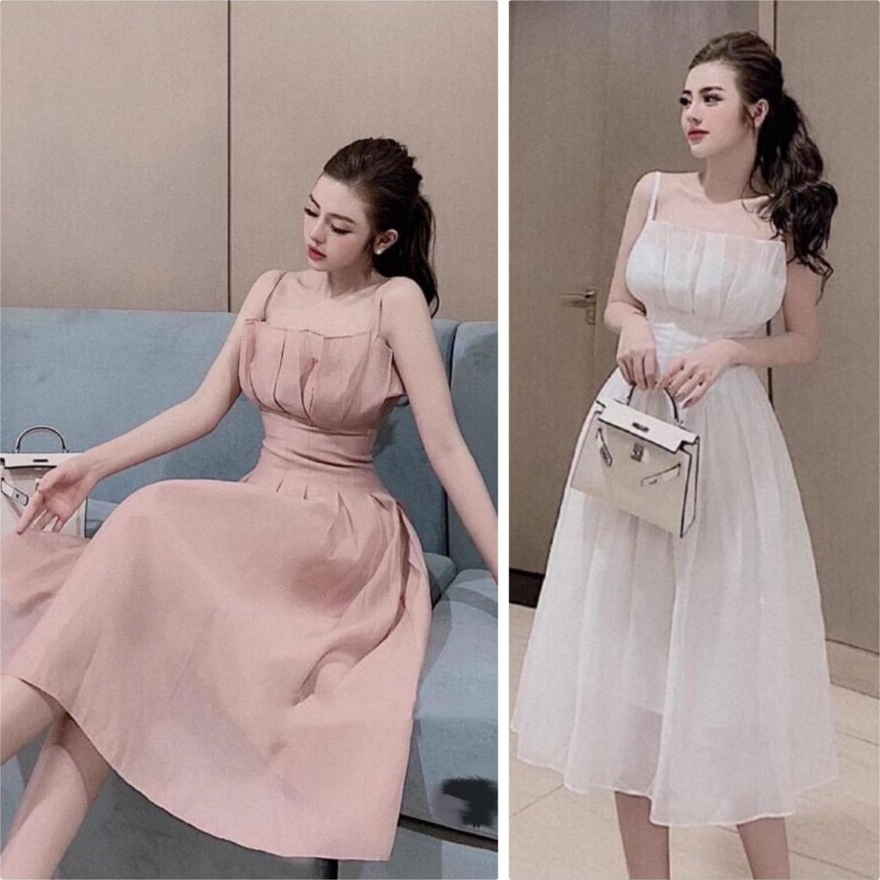 Đầm xòe 2 dây dự tiệc xếp ly ngực GD8194A