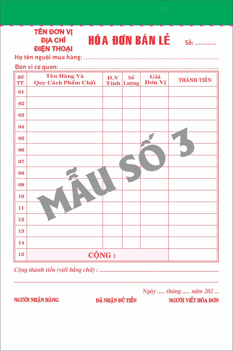 Hoá đơn bán lẻ 1 liên-Block 10 quyển-chọn mẫu in tên