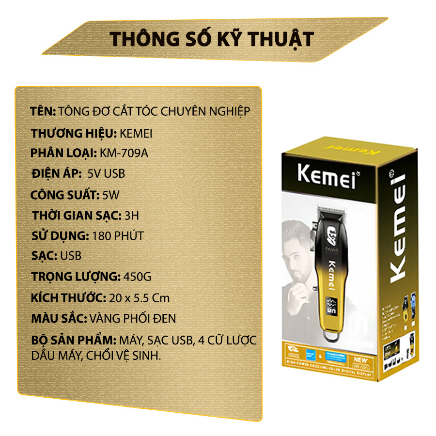 Tông đơ cắt tóc chuyên nghiệp Kemei KM-709A sạc nhanh USB có màn hình LCD hiển thị - Hàng chính hãng ( Giao màu ngẫu nhiên )