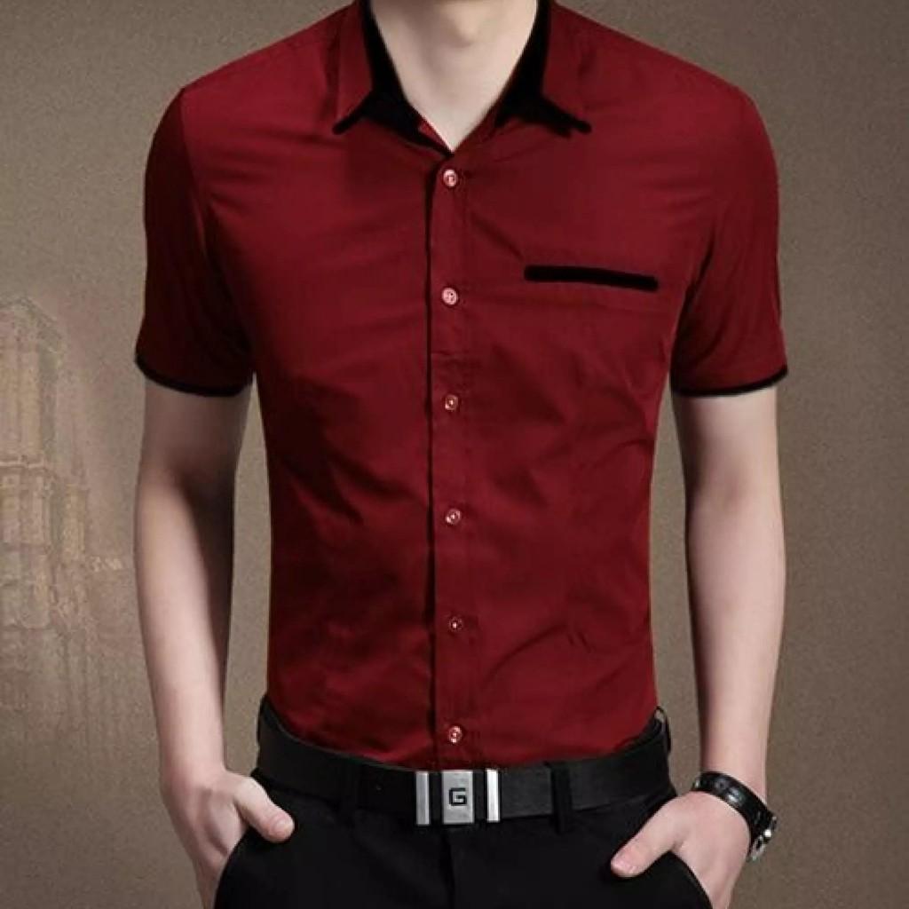 Áo Sơ Mi Nam Trơn Ngắn Tay Viền Đỏ Cổ HT881 Thời trang TOP FASHION SHOP Thiết Kế Trẻ Trung, Sang Trọng