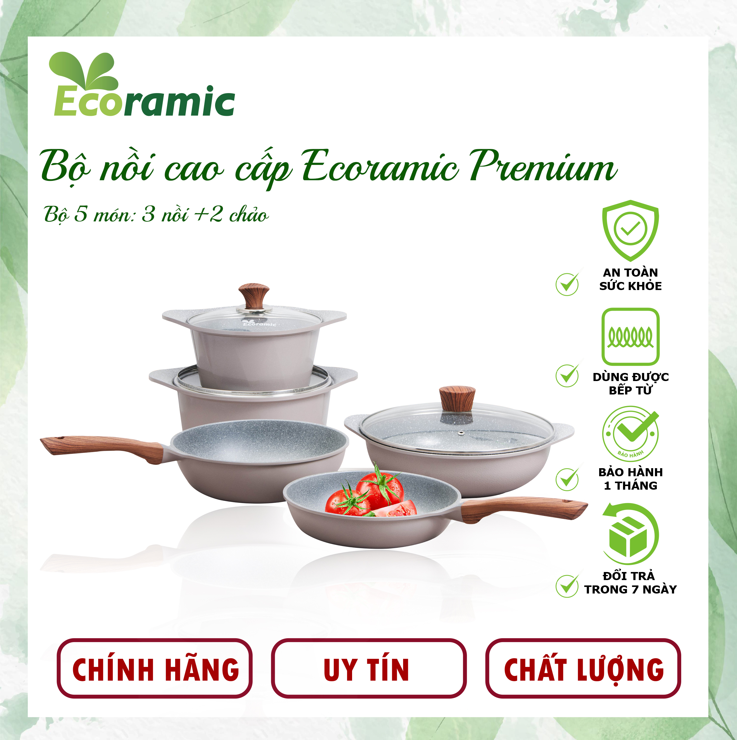 [CHÍNH HÃNG] Bộ 5 nồi cao cấp Ecoramic siêu chống dính, siêu bền Hàn Quốc