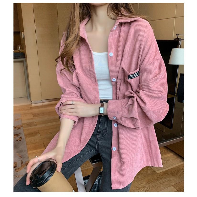 Áo Khoác Sơ Mi Nhung Gân Form Rộng Nam Nữ Unisex Logo Thêu Cá Tính