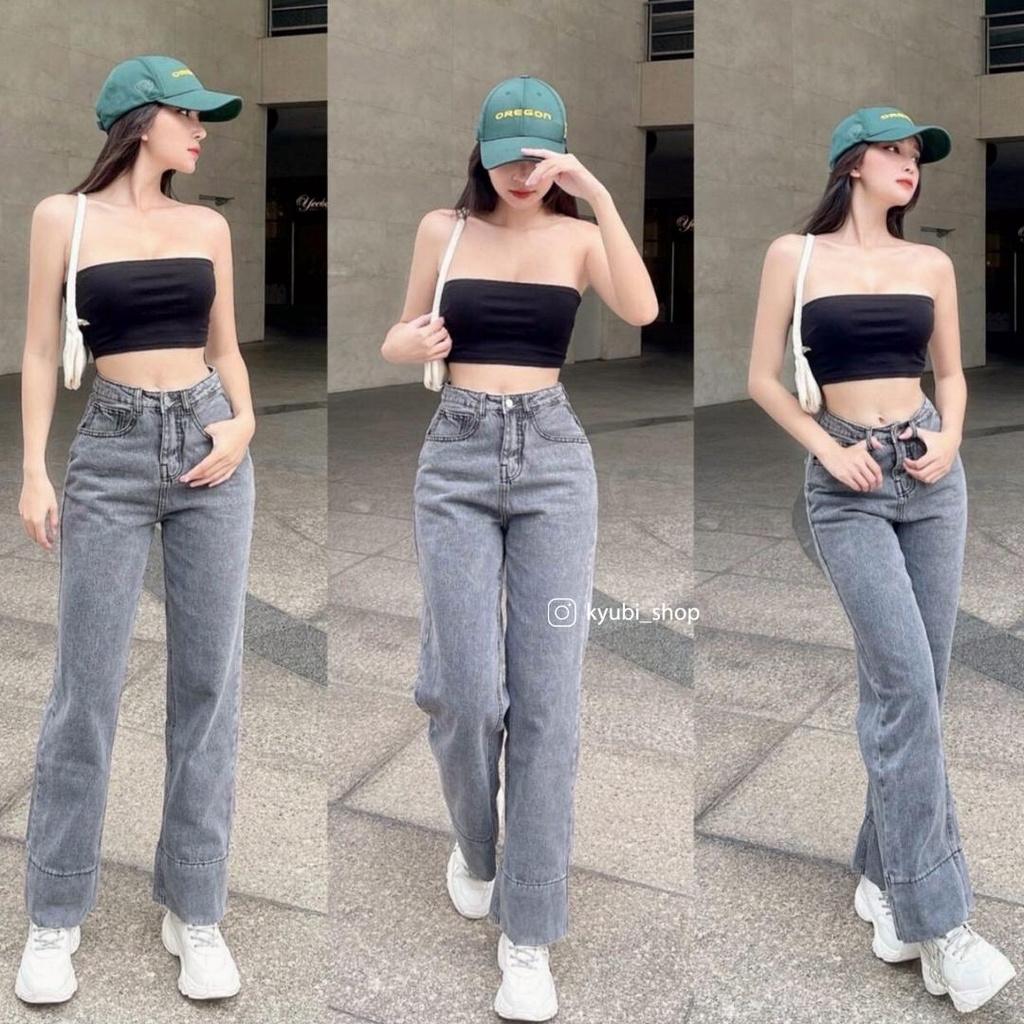 Quần jean nữ lưng cao dáng suông Ulzzang (Có Bigsize) - Quần jeans ống rộng suông cạp cao KYUBI BIGOES