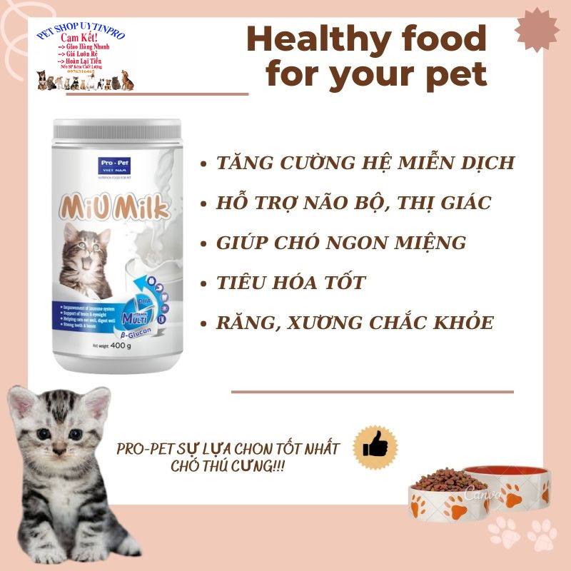 Sữa cho Mèo Pro-pet Miu Milk Bổ sung dinh dưỡng Tăng cường hệ miễn dịch Răng xương chắc khỏe Tiêu hóa tốt Sx tại VN