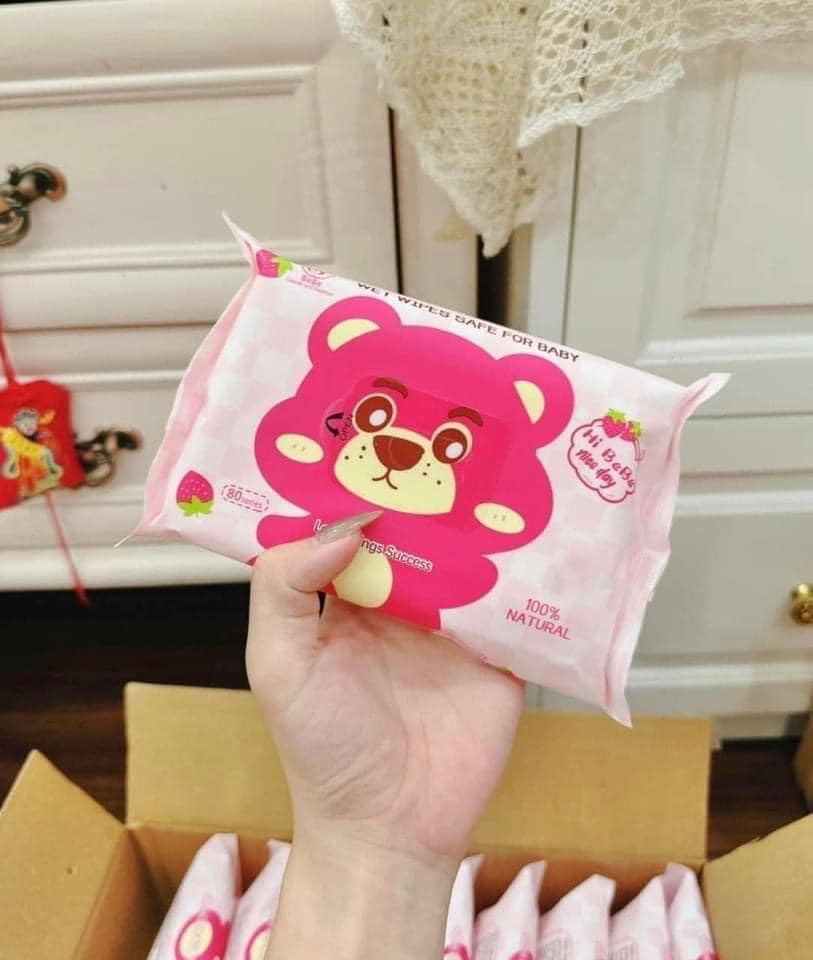 Thùng khăn giấy ướt gấu dâu 800 tờ, giấy ướt gấu dâu Losto siêu mềm mịn, không mùi, không chất bảo quản an toàn cho bé