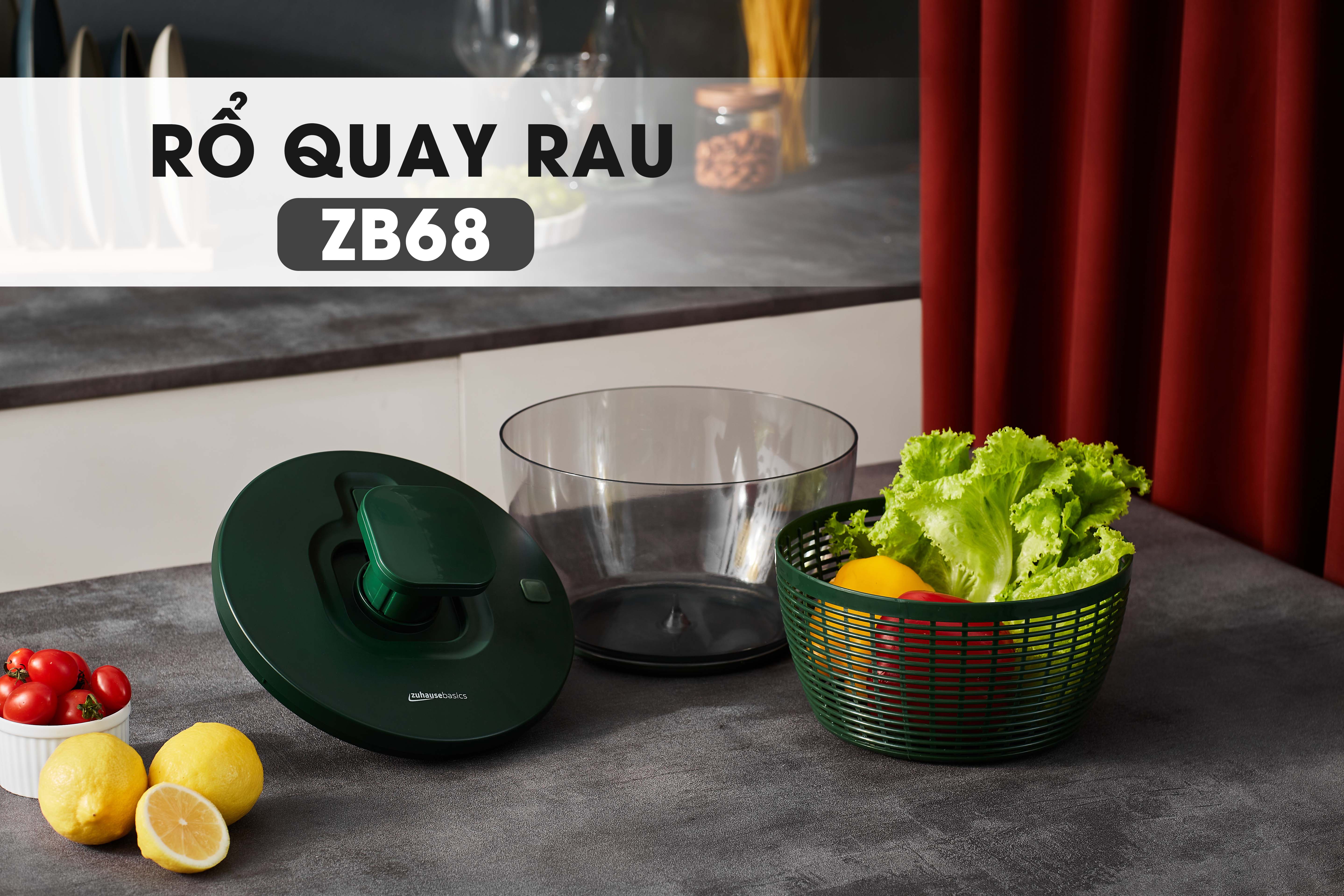 Rổ quay rau ly tâm Zuhausebasics ZB68 GREEN, rổ quay salat chất liệu nhựa PP - hàng chính hãng