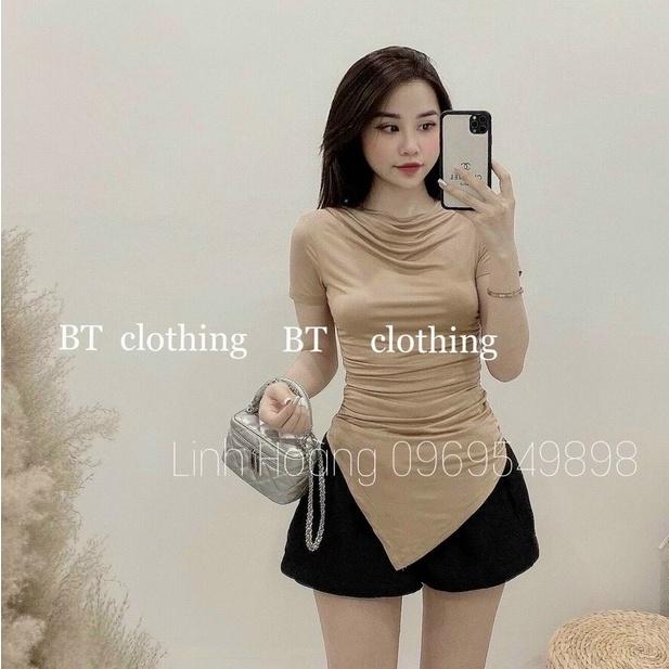 Áo thun kiểu dáng ôm rúm eo ngắn tay vạt nhọn, Áo kiểu lệch vai form ôm body CS1414 - NhiNhiShop