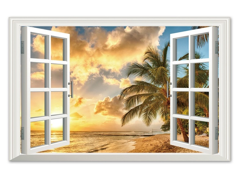 Decal dán tường Cửa sổ 3D Hoàng hôn trên biển DCS025