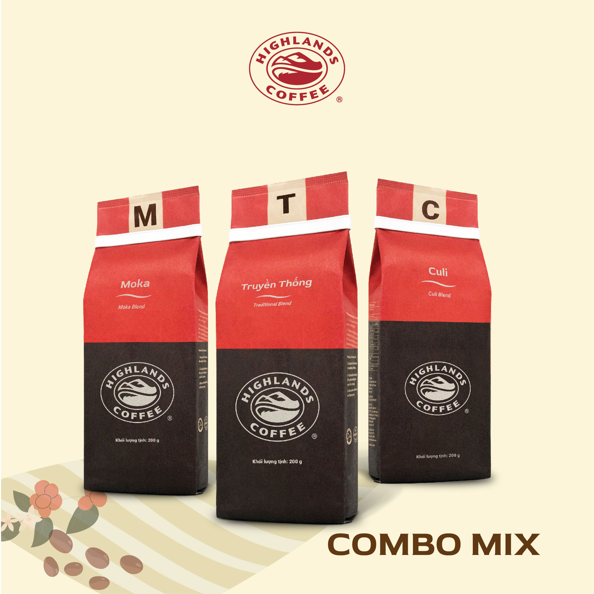 [Combo mix] Combo 3 Cà phê rang xay Culi, Moka, Truyền Thống Highlands Coffee 200g