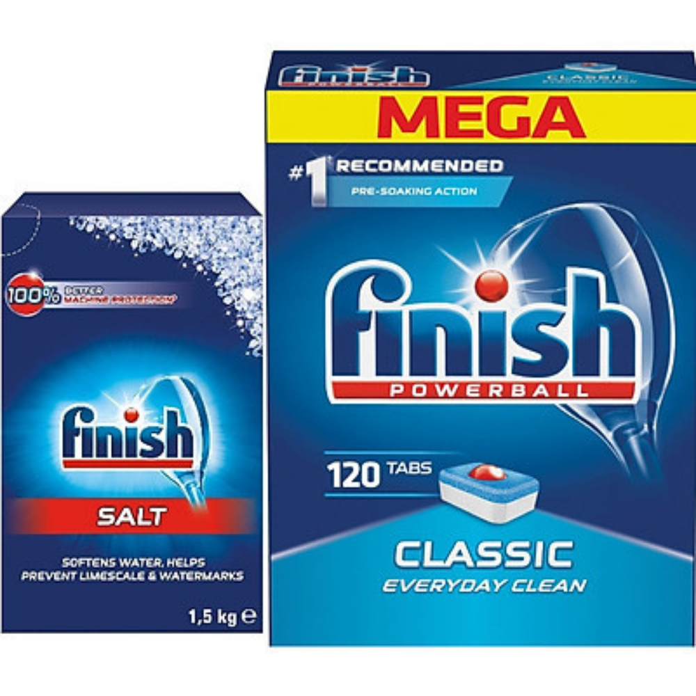 Viên rửa bát Finish 120 viên + Muối Finish 1.5kg dùng cho Máy Rửa Bát Chén