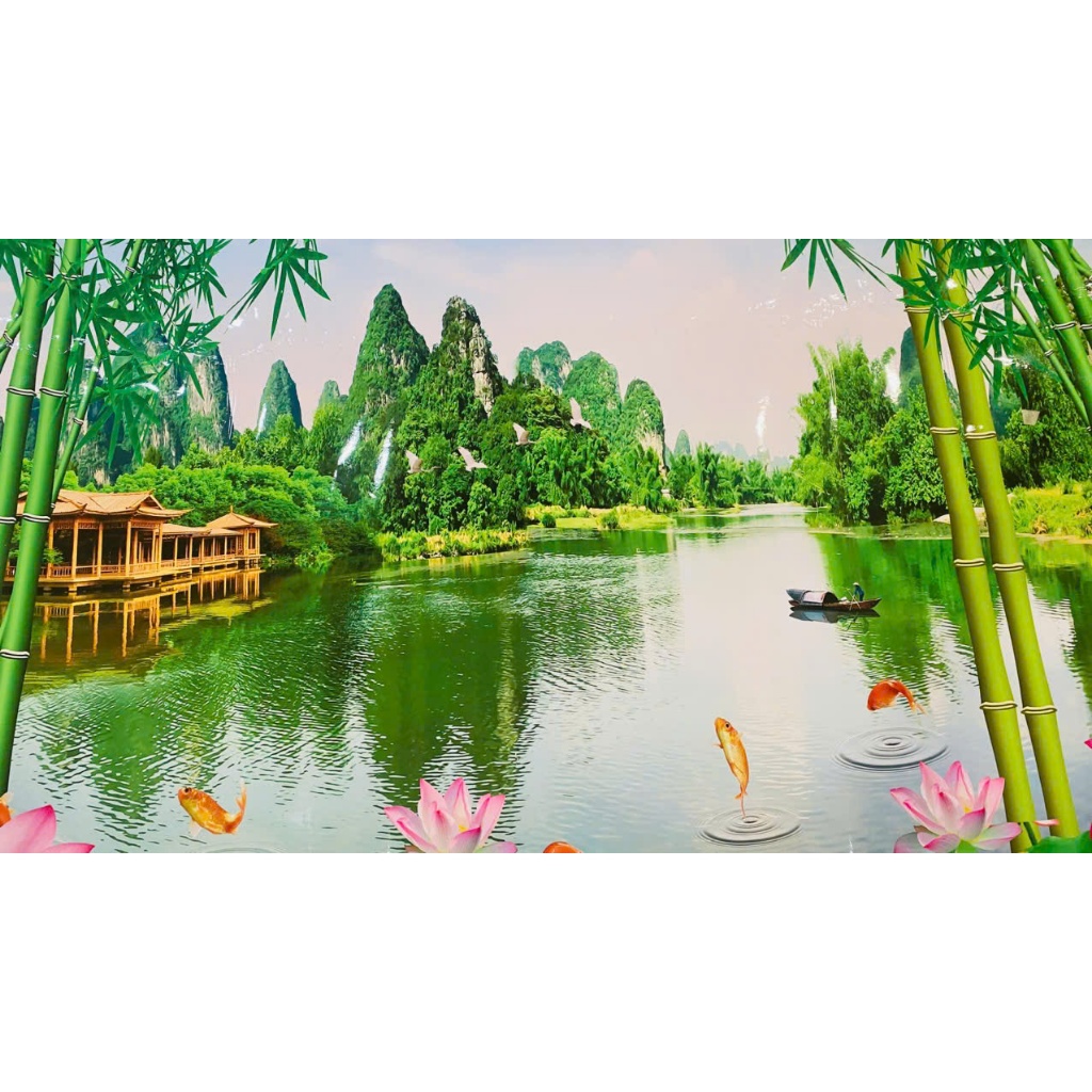 (ẢNH THẬT) Tranh dán tường 3d phong cảnh phong thuỷ hữu tình có sẵn keo( có in theo yêu cầu)