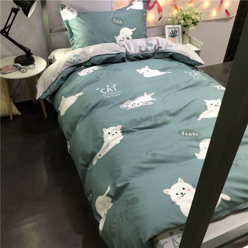 Bộ chăn ga gối cotton LIDACO PL1 - Mèo Béo Xanh