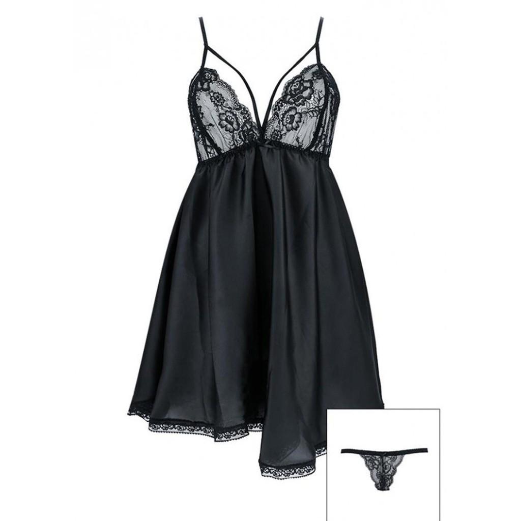 Hình ảnh Váy ngủ lụa sexy-Màu đen tặng kèm quần chip ren