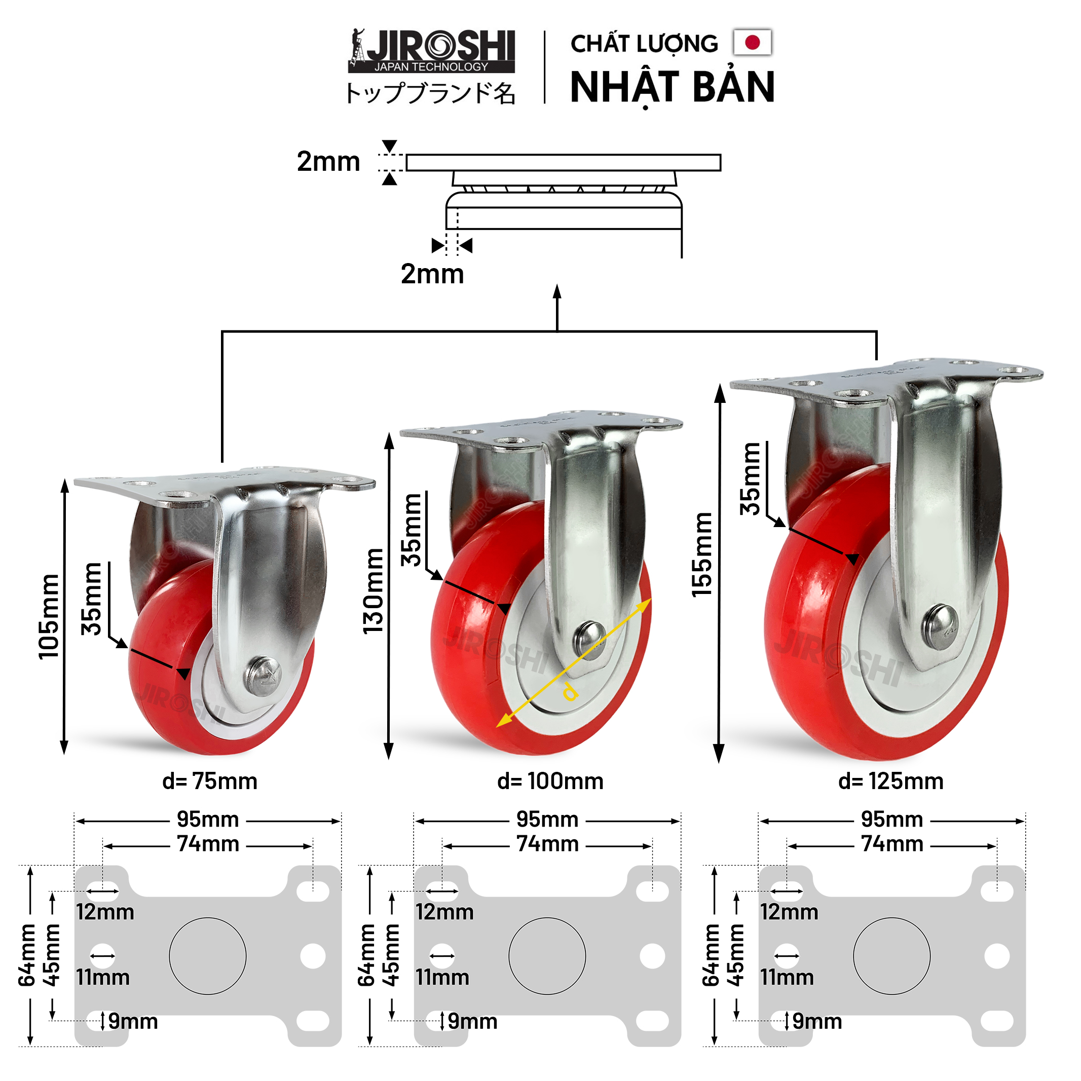 Bánh xe đẩy hàng chịu tải lớn JIROSHI Nhật Bản , Bánh xe nhựa PU Càng chất liệu INOX 304 chống ô xi hóa