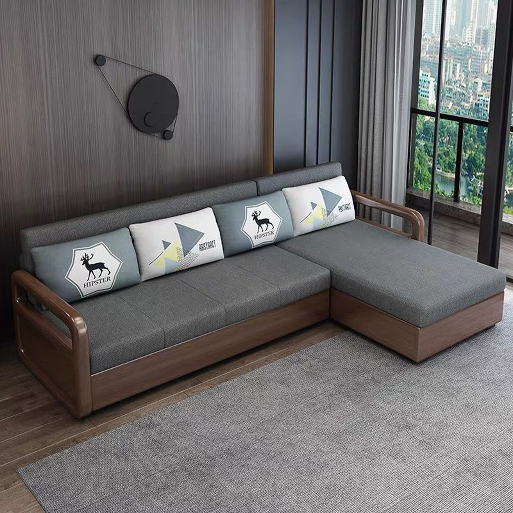 Ghế Sofa Giường Khung Sắt Tay Gỗ Kiểu Dáng Sang Trọng Cho Phòng Khách HGK-31, Có Tặng Kèm Bàn Sofa Chất Lượng Tốt