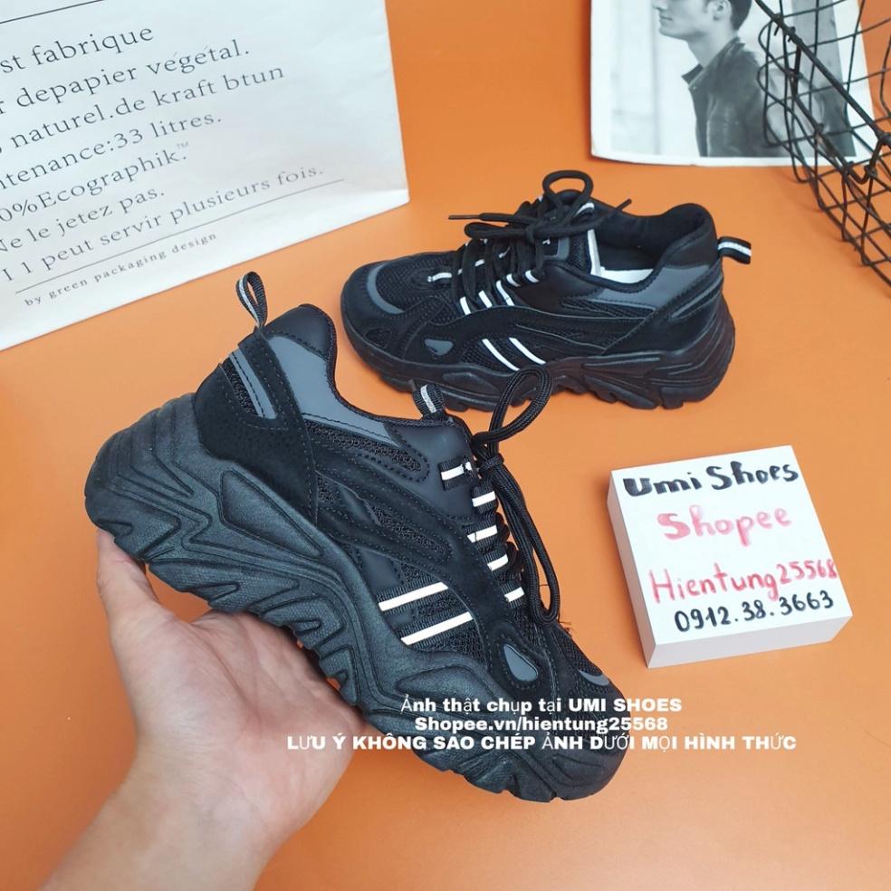 Giày thể thao nữ Ulzzang Eyty nâng độn đế cao 5cm răng cưa to mềm thoáng cá tính năng động màu đen trơn/kem