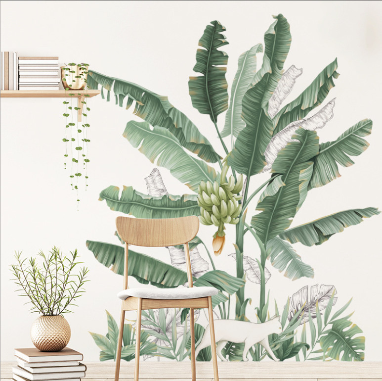 Decal trang trí tường - Chú mèo trắng và bụi chuối xanh
